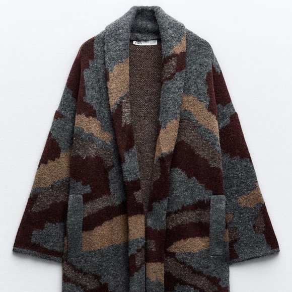 ZARA Oversized Jacquard Long Knit Coat(Multicolor, US S, M, L/EUR S, M, L) - Picture 5 of 11